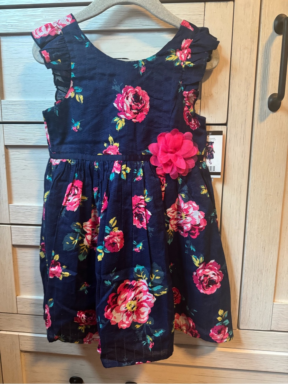 Zunie Girl Navy Floral Dress with Hot Pink Rose Accent 3T